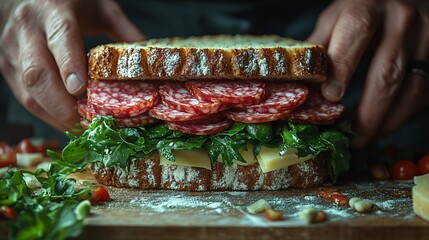 Cook showing tasty sandwich with salami and cheese on wooden board