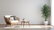 © Hendry - Interior of a bright living room with armchair on empty white wall background