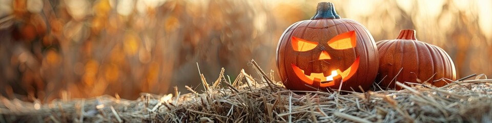 Canvas Print - Pumpkin Lantern Decorations on Straw Outdoors Following Halloween