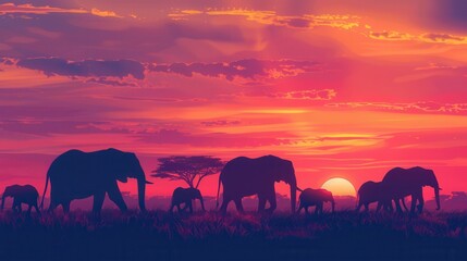 Leinwandbilder - A group of elephants strolls across the savanna as a colorful sunset illuminates the sky, creating a tranquil atmosphere. Generative AI