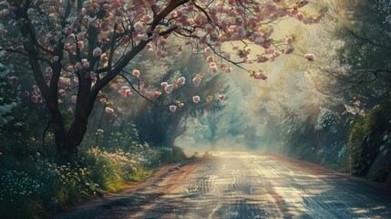 Sticker - Misty Road Through Blossoming Trees