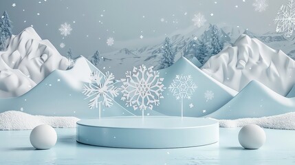 A 3D rendered snowy landscape with a round platform, 3 snowflakes and white balls on the sides.