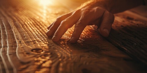 Poster - Close up shot of a man s hand touching an oil finished oak wood surface