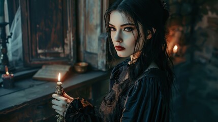 A witch stands in a dimly lit room, clutching a candle and wearing a flowing, vintage dress