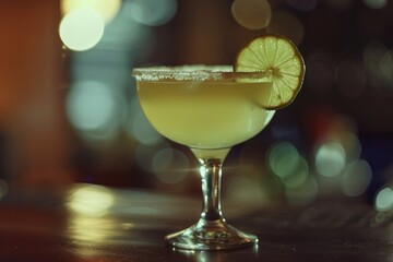 Canvas Print - A glass filled with a drink sitting on a wooden table