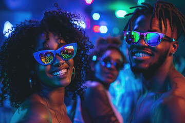 Sticker - a group at the club, dressed in stylish and colorful sunglasses, surrounded by neon lights as they dance to modern music in an energetic atmosphere.