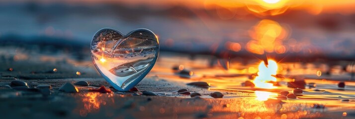 Poster - Glass heart silhouette on sandy shore capturing sunset reflections