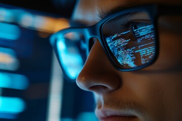 Wall Mural - A cybersecurity analyst, wearing glasses, focuses intently on lines of code displayed on multiple computer screens, highlighting a critical moment in their work