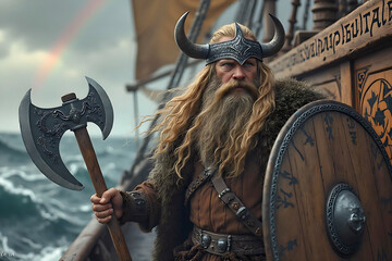 Male bearded Viking Warrior with ax, axe and wooden shield on drakkar wood Ship. Soldier man wearing traditional uniform have long blonde hair with horn on head ready to attack inscribed magical runes