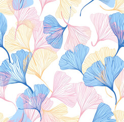 Wall Mural - A seamless pattern of pastel-colored ginkgo leaves, in soft pinks and blues, arranged to form an abstract floral design on a white background.