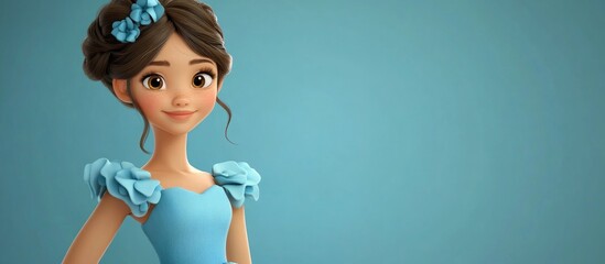 Wall Mural - Charming young girl in a vibrant blue 3D cartoon dress