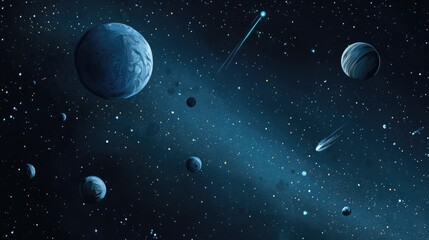 2D illustration depicting deep interstellar space featuring stars planets moons and comets ideal for various science fiction inspired backgrounds