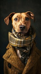 Wall Mural - A dog is wearing a jacket and scarf and has its eyes closed