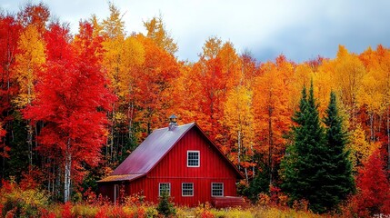   A red barn stands amidst a sea of orange and yellow leaves on the surrounding trees in the heart of the forest