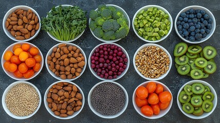 Canvas Print -   A table displays various fruits, veggies, kiwis, and broccoli in bowls