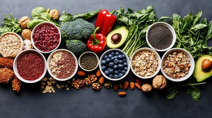 Sticker -   A variety of fruits, vegetables, and grains arranged in a row on a dark surface include broccoli, blueberries, avocados, almonds, and spinach