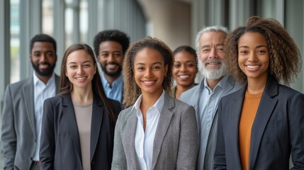 A group of diverse professional workers smiling and posing in a modern office setting, emphasizing teamwork, diversity, and through DEI hiring of multicultural employees