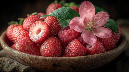 Wall Mural -   A macro image of a strawberry bowl with a flower on top of a strawberry