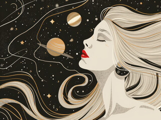 Wall Mural - Beautiful woman with long black hair and red lips, gold planets in the background