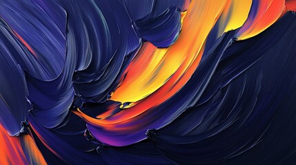 Swirling abstract brush strokes in dark blue and bright orange, thick brush texture