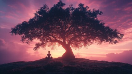 A meditative figure under a large tree at sunset, symbolizing peace, contemplation, and mindfulness in the serenity of nature while cultivating a spirtual practice through meditation and prayer