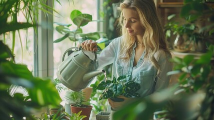 Canvas Print - A person tends to a potted plant on a sunny windowsill