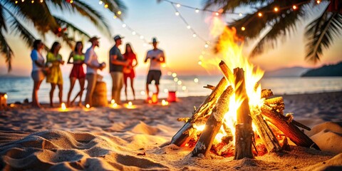 Celebratory Beach Gathering by the Fire. A joyful group of people gathered around a bonfire on a serene beach at dusk, illuminated by the warm glow of the fire and twinkling string lights. 