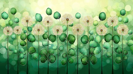 Poster -  Green leaves and flowers on green background with white center dot