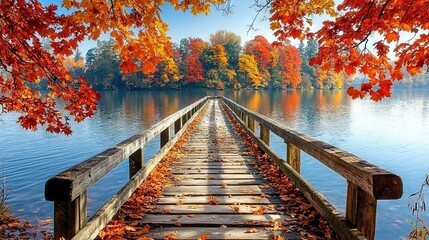 Sticker -  Bridge over water, orange & yellow leaves, trees in foreground