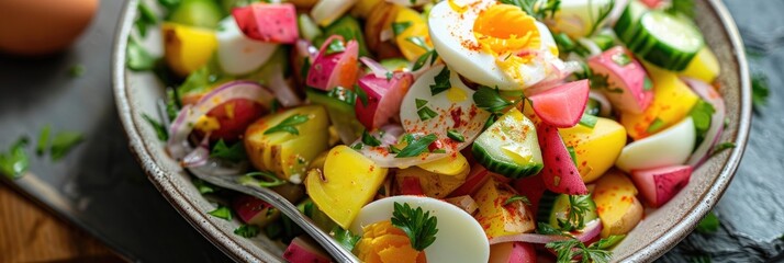 Wall Mural - Tasty and Nutritious Summer Salad with Potatoes, Eggs, Cucumbers, Cabbage, and Red Pickled Onions