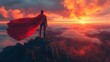 © Jay Koppelman - A powerful superhero in a red cape stands on a mountain peak at sunrise, symbolizing heroism, strength, and the achievement of great heights with a dramatic sky in the background