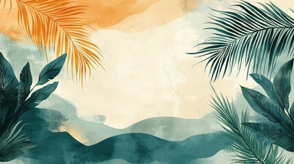 Canvas Print -   A vibrant tropical landscape painted with lush palm trees, towering mountains, and a stunning blue-orange sky