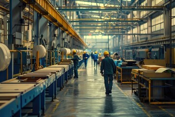 Wall Mural - A group of workers moving through a modern industrial setting