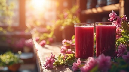 Sticker -   Two red juices on a table with pink flowers and greenery