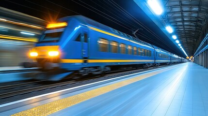 Poster -   A blue train travels through a train station beside a loading platform with a yellow light on its side