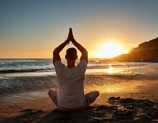 Wall Mural - A meditative scene of a yoga session at dawn, with a person in a seated pose on a beach