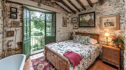 Poster -   A bedroom featuring stone walls, a bed, and a bathtub adorned with paintings on the walls