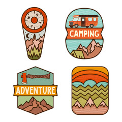 Wall Mural - Outdoor adventure badges collection. Camping adventure labels in retro flat style. Mountain logo graphics for t-shirt. Stock colorful artwork design with RV Trailer