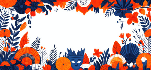 Canvas Print - Vibrant Floral Border with Abstract Orange and Blue Flowers, Leaves, and Mask Elements on a White Background