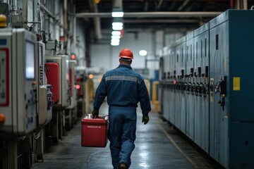 An engineer in a hard hat inspects control panels and carries a toolbox through a quiet industrial machinery area