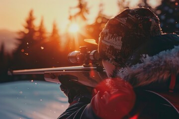 Wall Mural - A person holding a rifle in a snowy landscape