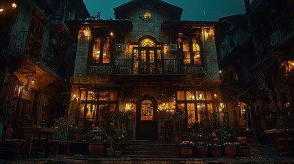 Canvas Print -   A well-lit building at night, featuring a clock tower and illuminated sides