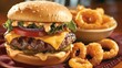 © Auon - Juicy cheeseburger topped with lettuce tomato and onion served with a side of onion rings