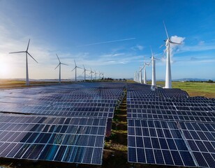 a renewable energy farm with rows of wind turbines and solar panels, harnessing the power