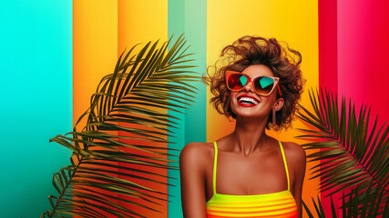 Wall Mural - Creative portrait of a young, smiling, and confident girl with sunglasses, standing in front of a colorful background with summer elements, in the spirit of the Mediterranean and tropical days