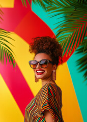 Wall Mural - Creative portrait of a young, smiling, and confident girl with sunglasses, standing in front of a colorful background with summer elements, in the spirit of the Mediterranean and tropical days