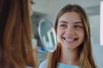 A young girl admiring her reflection in a mirror with a happy and confident expression