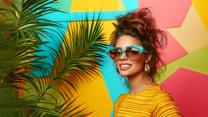 Wall Mural - Creative portrait of a young, smiling, and confident girl with sunglasses, standing in front of a colorful background with summer elements, in the spirit of the Mediterranean and tropical days