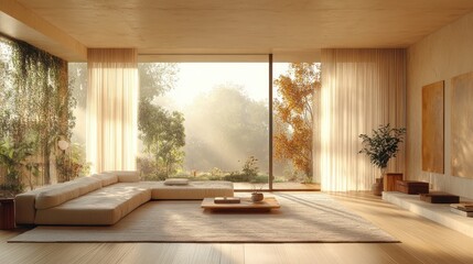 Poster - Modern living room interior with natural light and garden view.