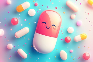 Wall Mural - Adorable pink capsule character with a happy face surrounded by tiny stars and capsules on a soft blue background representing the joy and care of modern healthcare